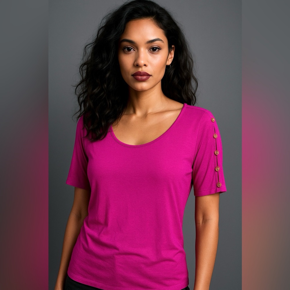 Cable & Gauge Button Sleeve‎ Top Crew Neck Knit Tee Shirt Fuchsia M